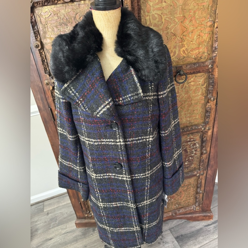 Sam Edelman Plaid Wool-Blend Coat with Faux Fur Collar 10‎